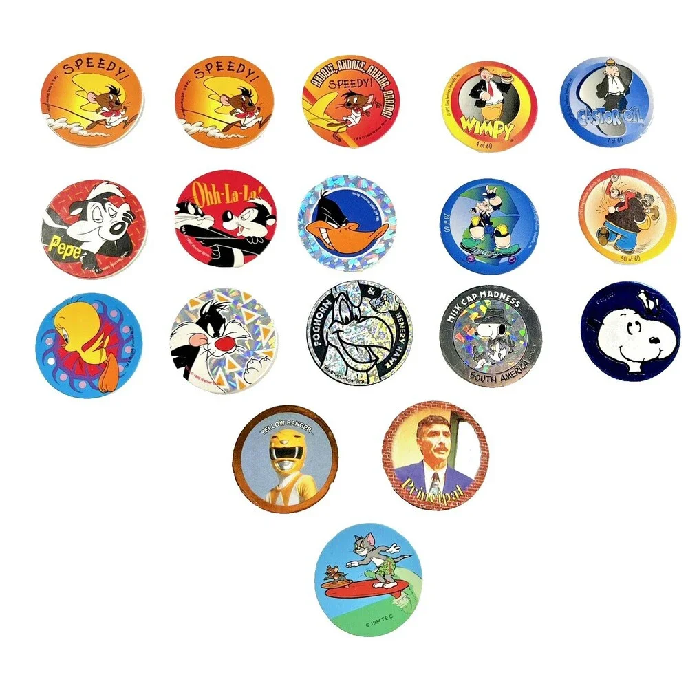 Lot Of 18 Pogs Milk Caps Vintage 1995 Looney Tunes, Power Rangers, Snoopy & More